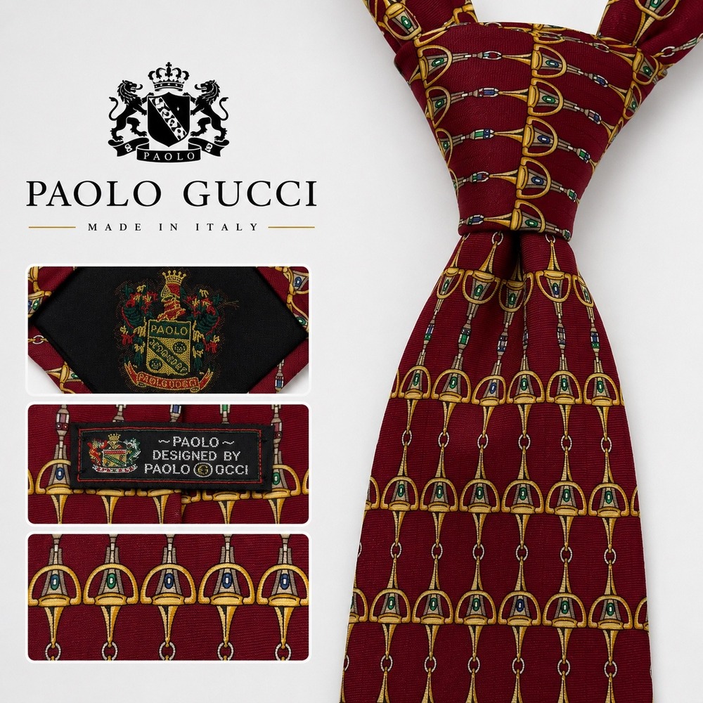Vintage Paolo Gucci Silk Tie Burgundy Red Equestrian Chain Horse Bit Made Italy